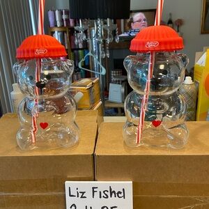 Honey Bear Shaped GLASS Drink Cups with Red Lids